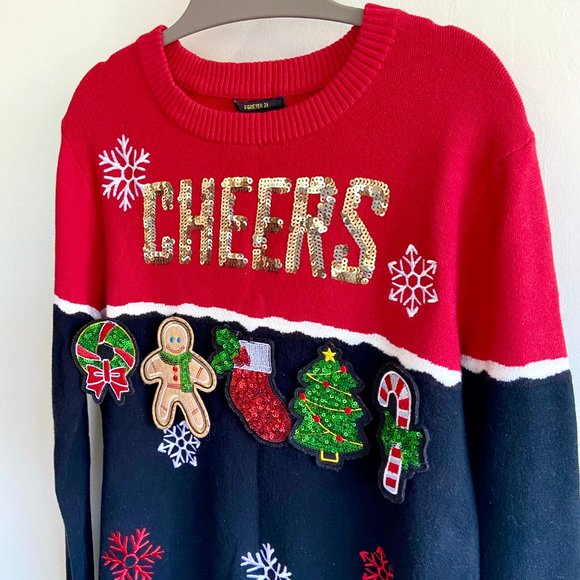 Forever 21 Red / Black Sequin Cheers Christmas Sweater - Picture 9 of 12